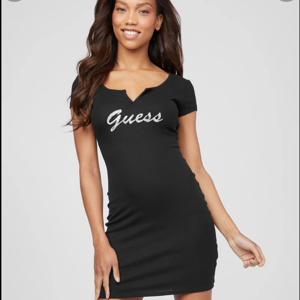Guess | Dresses | Guess Bodycon Black Tshirt Glitter Logo Dress | Poshmark